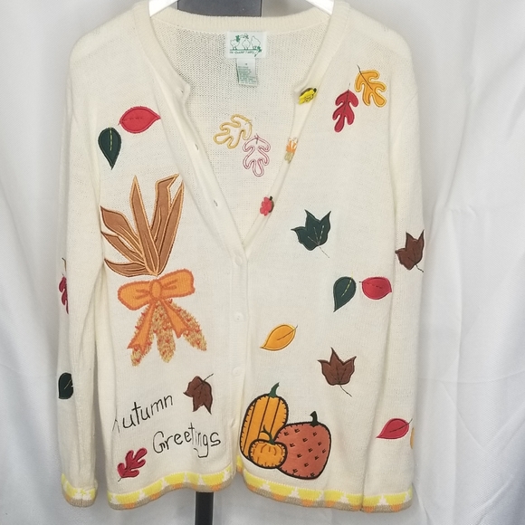 Fall 90s, The Quacker Factory,  Fall Autumn Thanksgiving Sweater. Size Medium - Picture 1 of 6